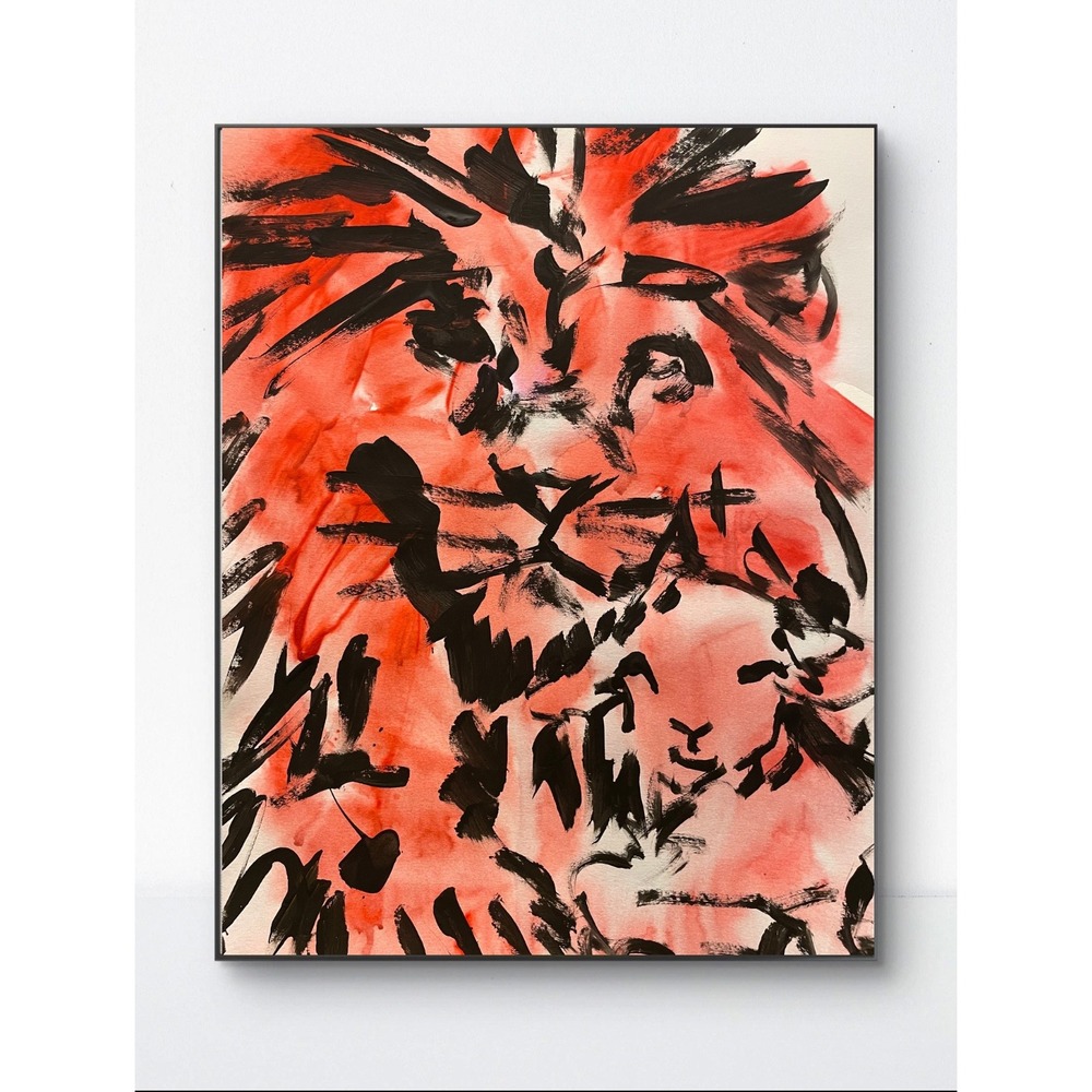OMAN Sovereign Kin Lion Cub Original Painting 11x14 Red Black Savannah Art